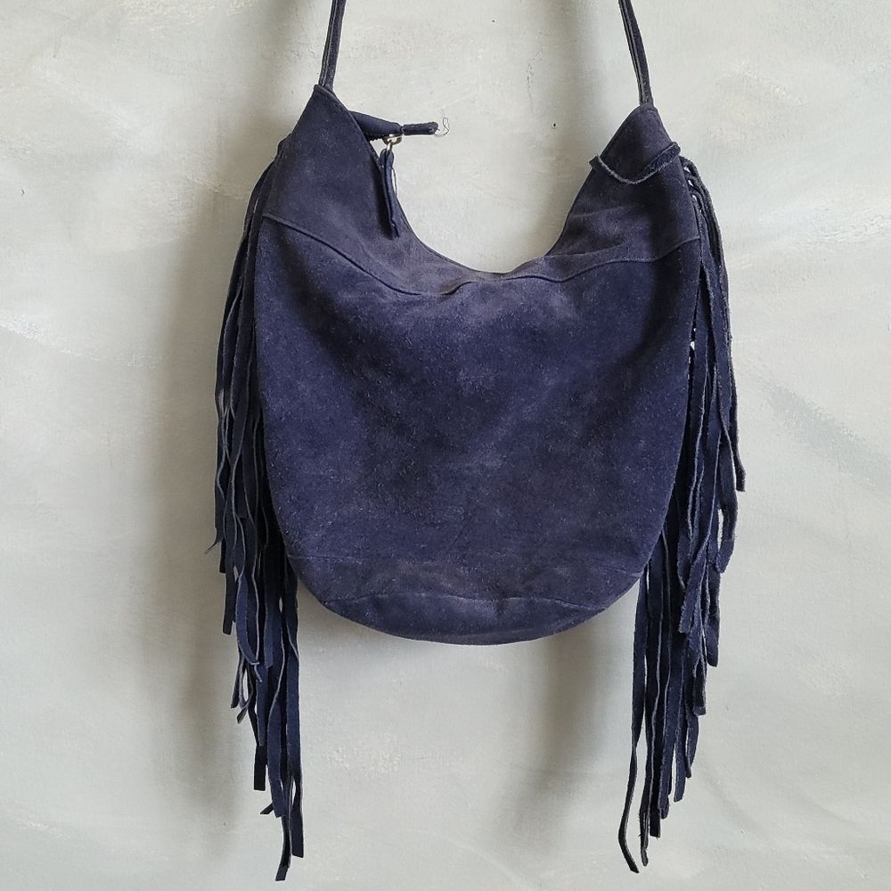 Ecote Blue Suede Side Fringe Cow Leather Bucket Sling Bag - Picture 8 of 15